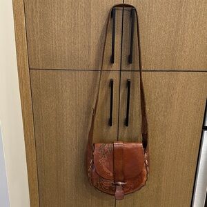 Vintage Brown Leather Crossbody Bag with Floral Stamps